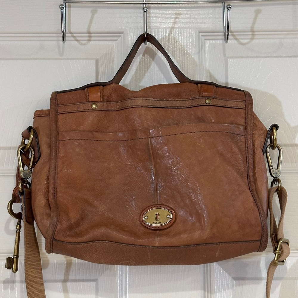 Fossil Long Live Vintage Brown Leather Satchel Crossbody Bag Messenger Cognac